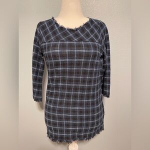 Sara Campbell Blue Plaid Textured Tunic Top Raw Hem Fringe Preppy Chic Medium